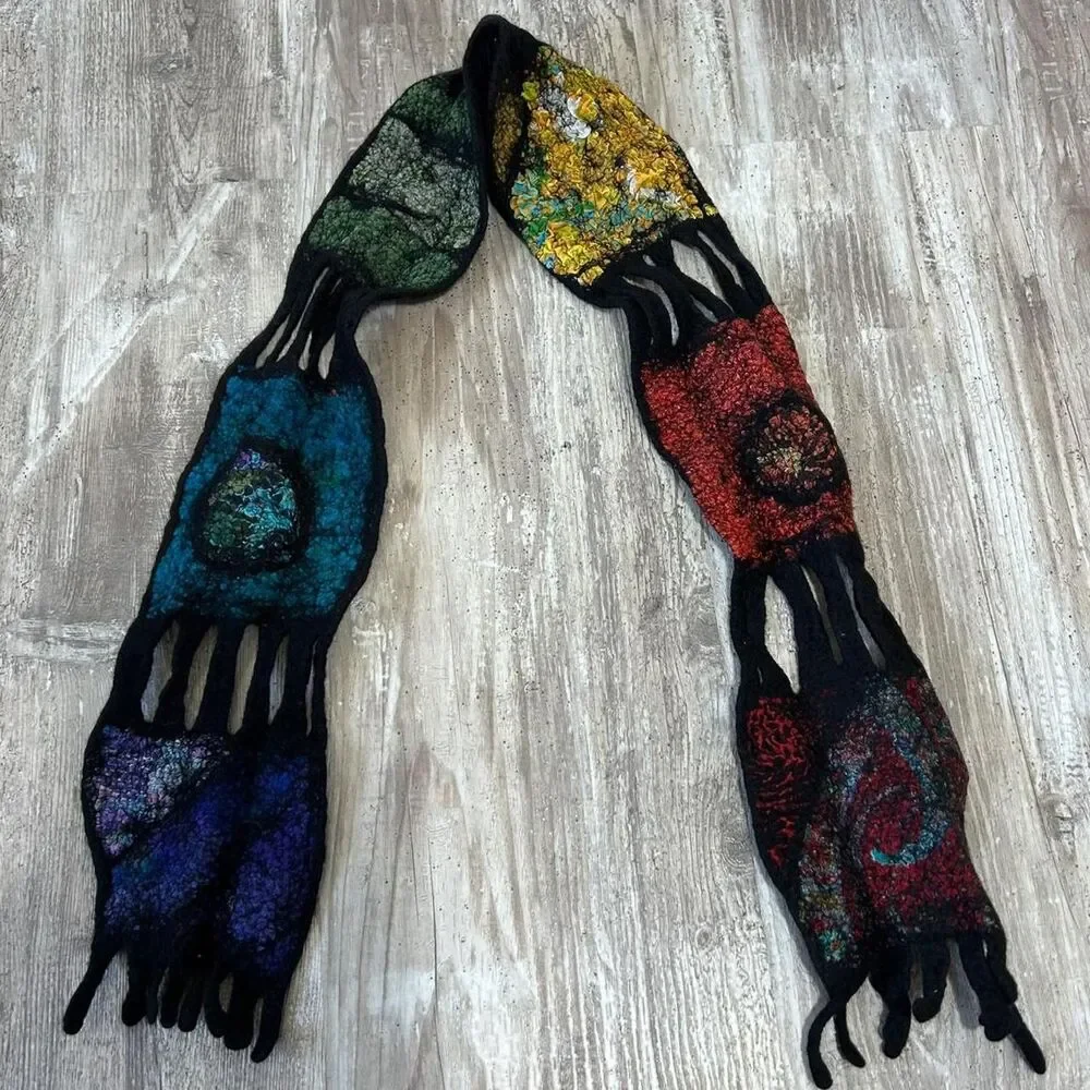 Handmade boho, avant-garde artisan felted scarf with patchwork design and fringe